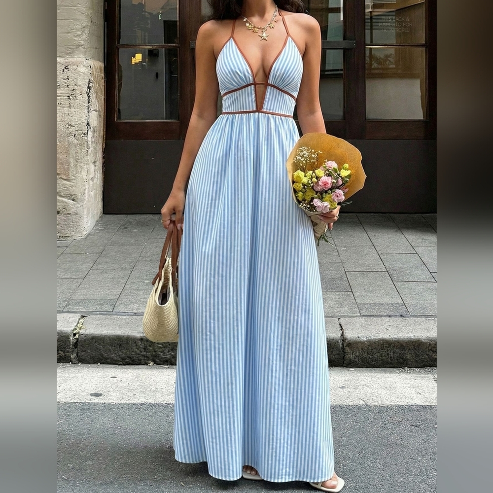 Summer Halter Maxi Dress in Light Blue Stripe